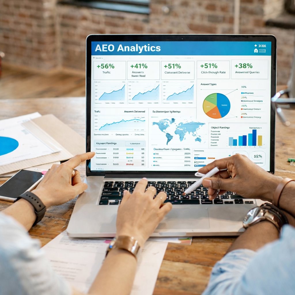 AEO Analytics Dashboard showing sessions, new users, pageviews, conversions, organic volume and backlinks growth metrics for a medical practice