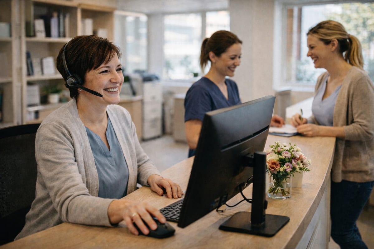 Friendly medical receptionist answering a call while colleague checks in a smiling patient