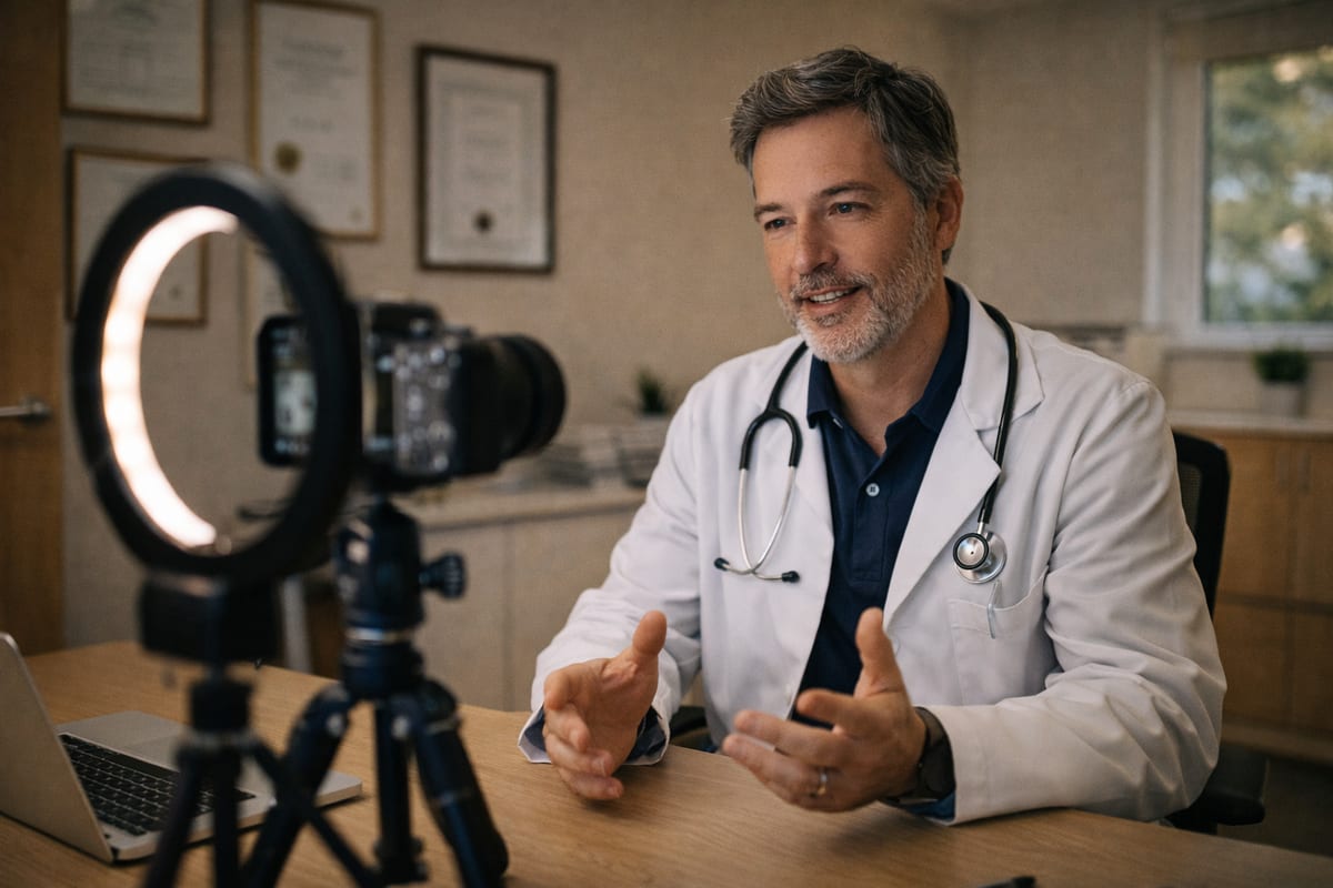 Doctor recording educational video content at their clinic desk with a camera and ring light