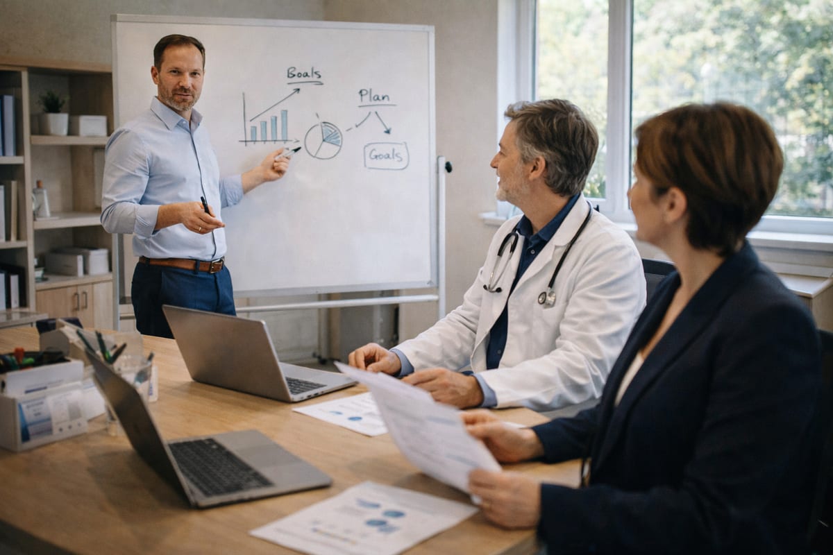 Healthcare professional reviewing strategy and analytics