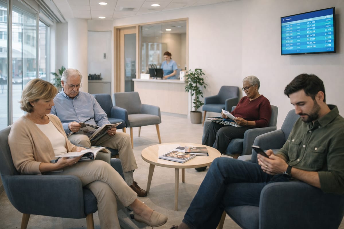 Busy but orderly private clinic waiting room with patients and a receptionist managing flow