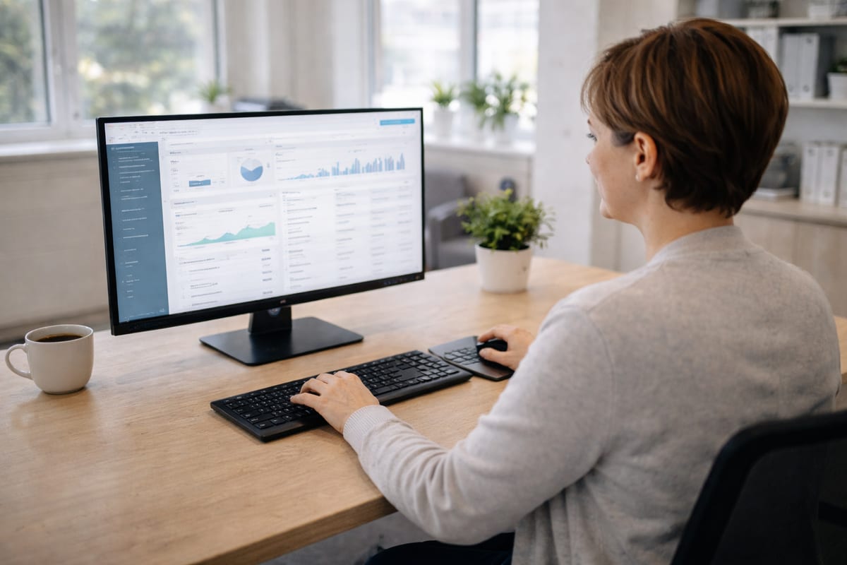 Calm clinic administrator at a clean organised desk with a single unified dashboard
