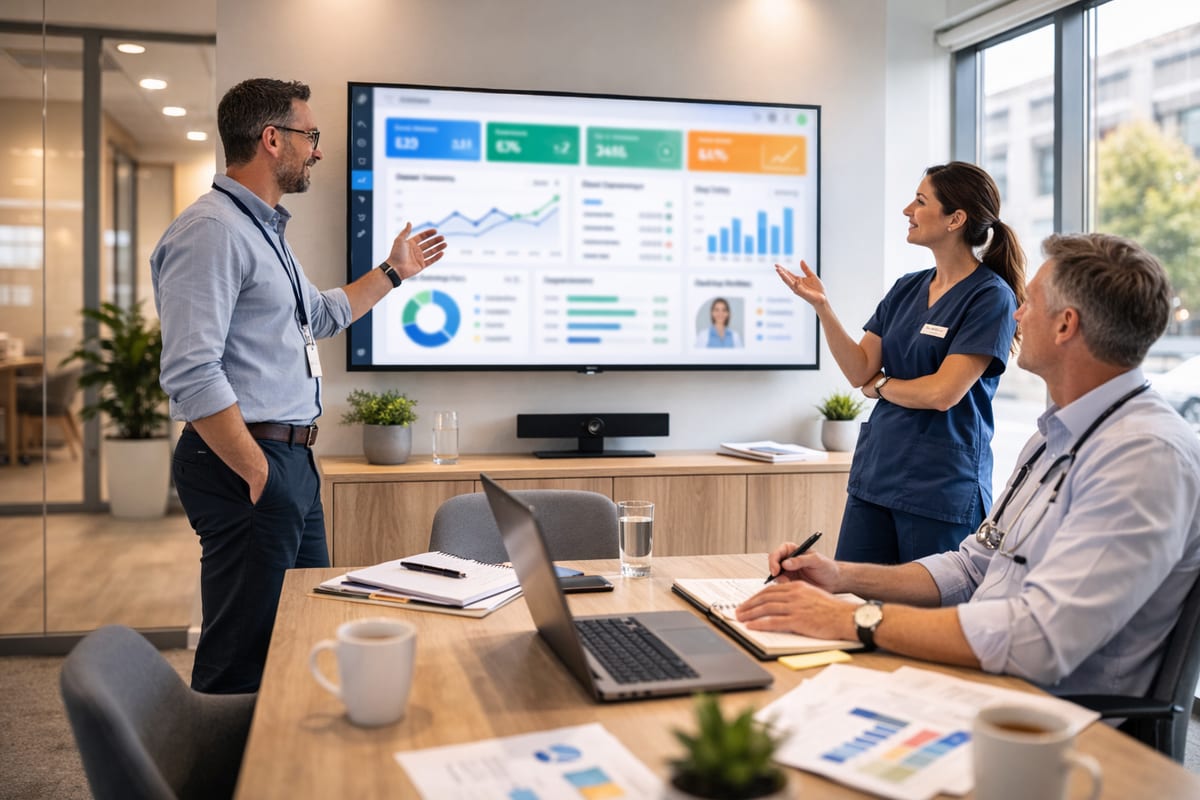 Healthcare leadership team reviewing clean analytics on a wall-mounted dashboard
