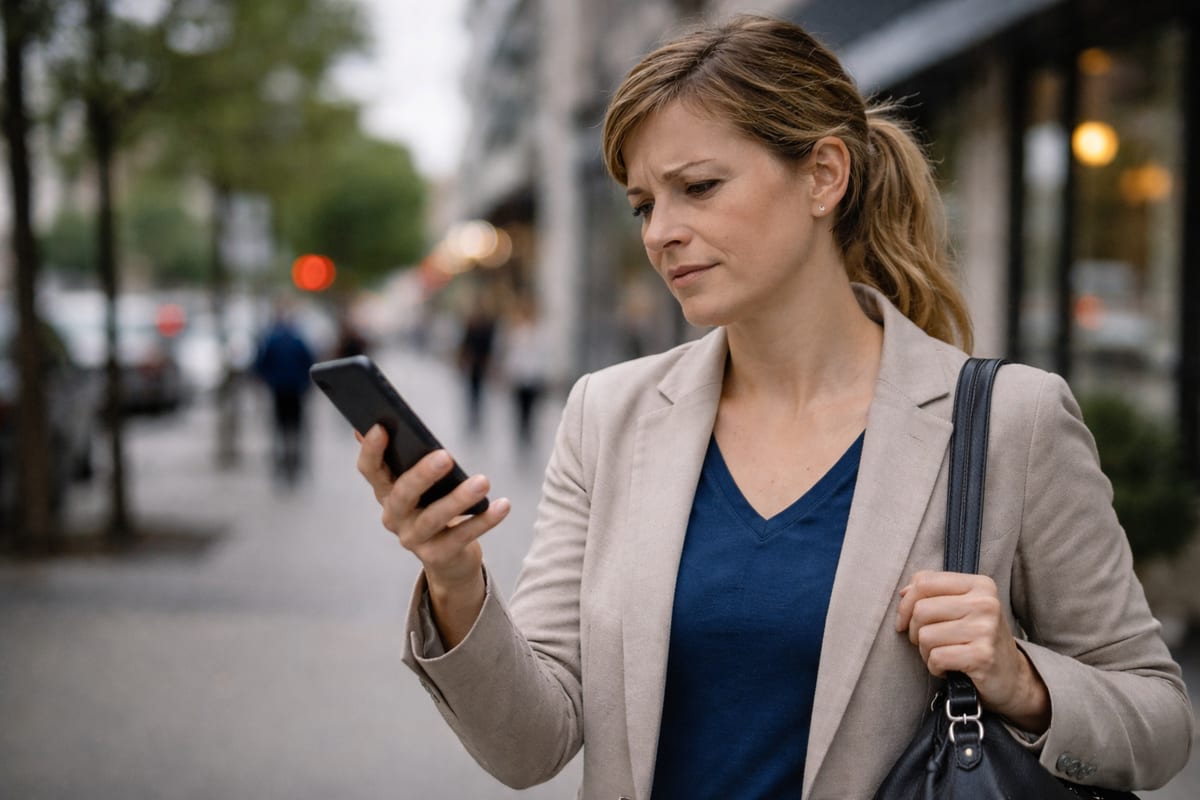 Frustrated woman on a city street after an unanswered clinic call - a lost patient lead