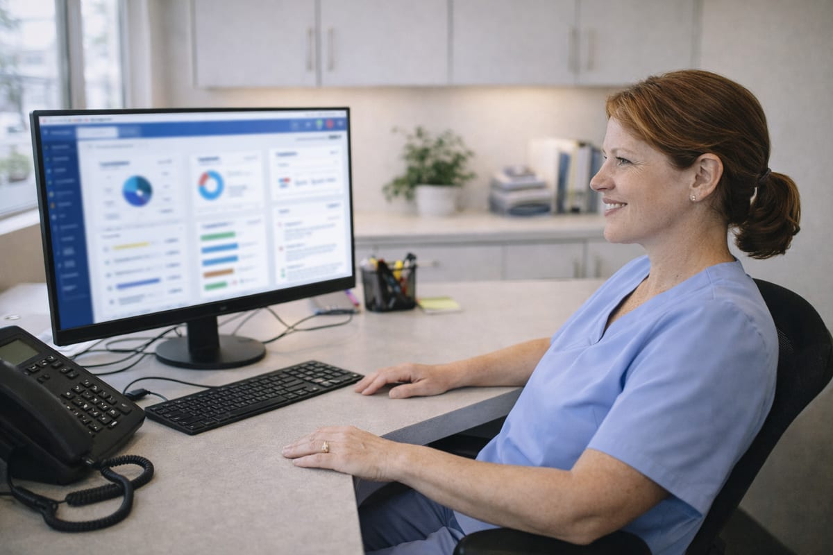 Doctor reviewing patient dashboard on a modern clinic screen
