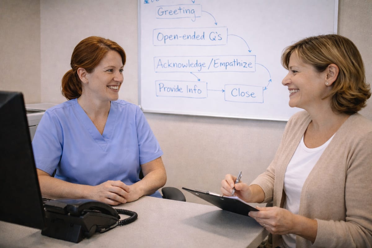 Medical receptionist practising patient conversation skills with a trainer in a clinic office