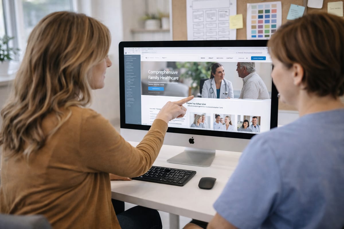 Web designer and clinic owner collaborating on website optimisation on a large screen